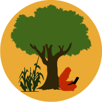 Logo de Eco Hack Farm, una persona sentada bajo un árbol con un ordenador portátil, mientras crece maíz en el otro lado del árbol